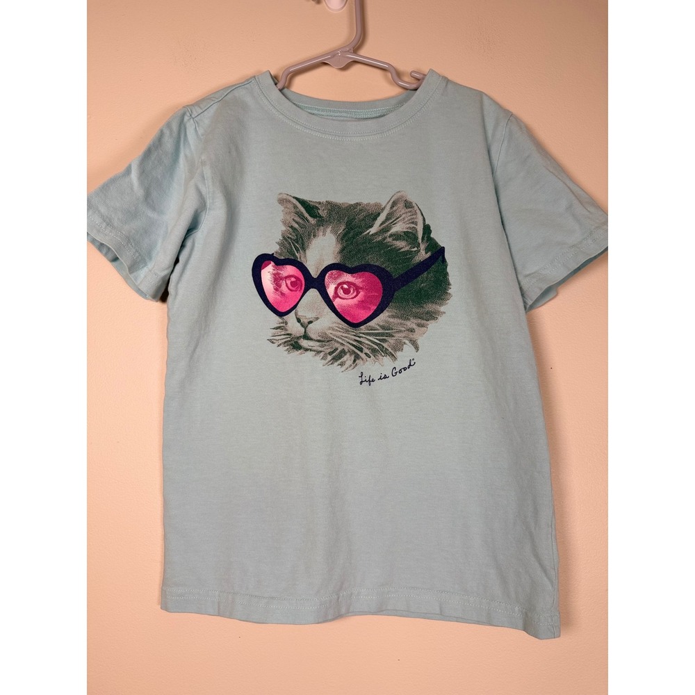 Life is Good Kids Medium Blue Crusher Tee Cat Heart Sunglasses Graphic T-Shirt